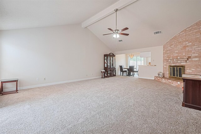 13207 Robinglen Dr, Houston, TX 77083 - unfurnished living room with a ceiling fan, a chandelier, high vaulted ceiling, carpet floors, and baseboards