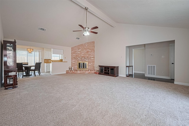 13207 Robinglen Dr, Houston, TX 77083 - unfurnished living room with ceiling fan, carpet floors, baseboards, high vaulted ceiling, and beamed ceiling