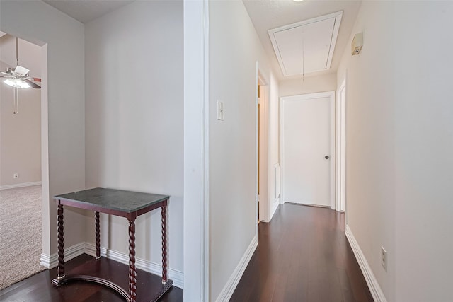 13207 Robinglen Dr, Houston, TX 77083 - corridor featuring attic access, dark wood-type flooring, and baseboards