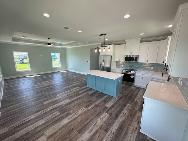 969 Bahama Rd, Crystal Beach, TX 77650 - kitchen featuring appliances with stainless steel finishes, a tray ceiling, a center island, dark wood-type flooring, and decorative backsplash