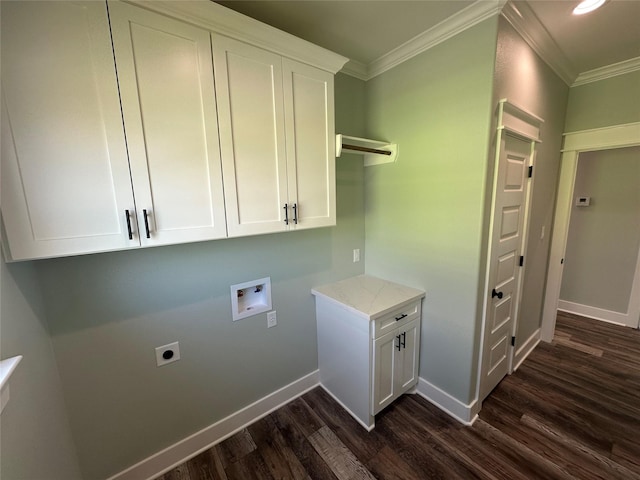 969 Bahama Rd, Crystal Beach, TX 77650 - laundry area with washer hookup, cabinet space, crown molding, electric dryer hookup, and dark wood finished floors