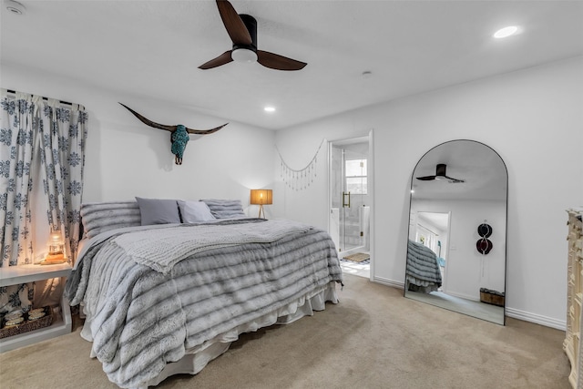 1710 Hill Top Ln, Houston, TX 77339 - carpeted bedroom with connected bathroom, recessed lighting, a ceiling fan, and baseboards