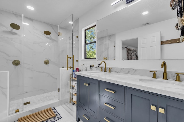 1710 Hill Top Ln, Houston, TX 77339 - bathroom with a marble finish shower, double vanity, and recessed lighting
