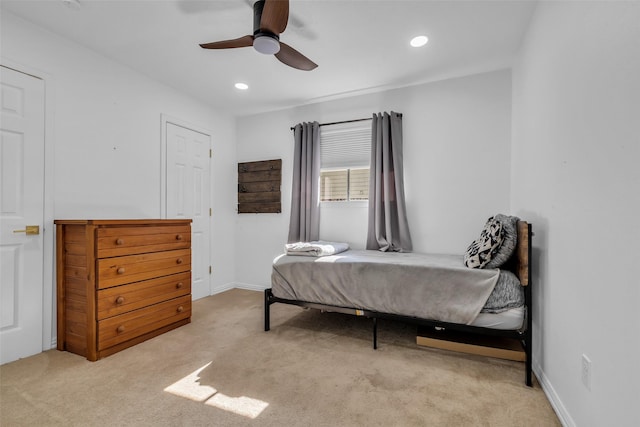 1710 Hill Top Ln, Houston, TX 77339 - bedroom featuring light colored carpet, ceiling fan, recessed lighting, and baseboards