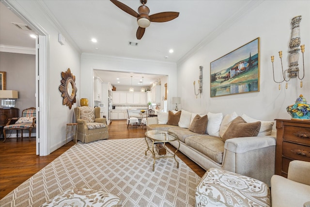 1216 Potomac Dr, Houston, TX 77057 - living room with ceiling fan, wood finished floors, recessed lighting, and ornamental molding