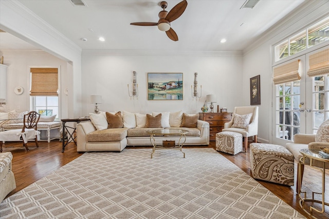 1216 Potomac Dr, Houston, TX 77057 - living room with ceiling fan, wood finished floors, ornamental molding, french doors, and recessed lighting