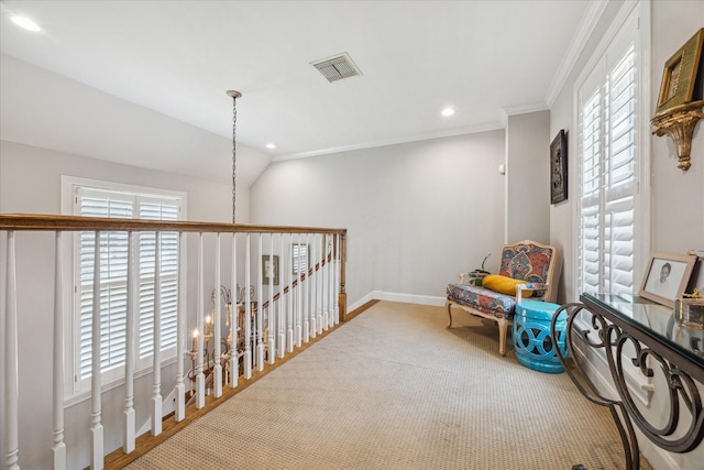 1216 Potomac Dr, Houston, TX 77057 - living area with recessed lighting, ornamental molding, baseboards, and carpet flooring