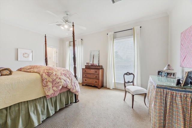 1216 Potomac Dr, Houston, TX 77057 - bedroom with light colored carpet, ornamental molding, and a ceiling fan