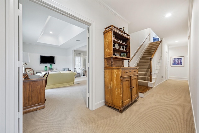 1216 Potomac Dr, Houston, TX 77057 - hall with light carpet, baseboards, stairway, and recessed lighting