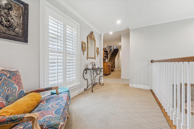 1216 Potomac Dr, Houston, TX 77057 - living area featuring crown molding, carpet flooring, stairs, recessed lighting, and baseboards