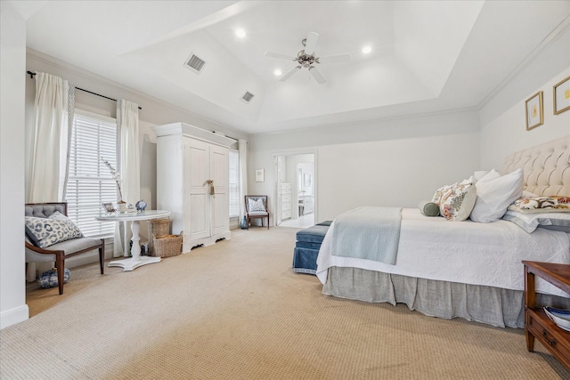 1216 Potomac Dr, Houston, TX 77057 - bedroom with light carpet, a tray ceiling, ceiling fan, and recessed lighting