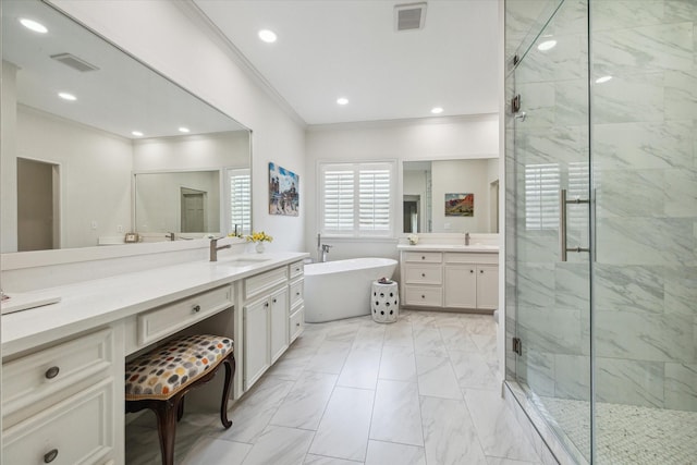 1216 Potomac Dr, Houston, TX 77057 - full bathroom with ornamental molding, a marble finish shower, two vanities, a soaking tub, and marble finish flooring