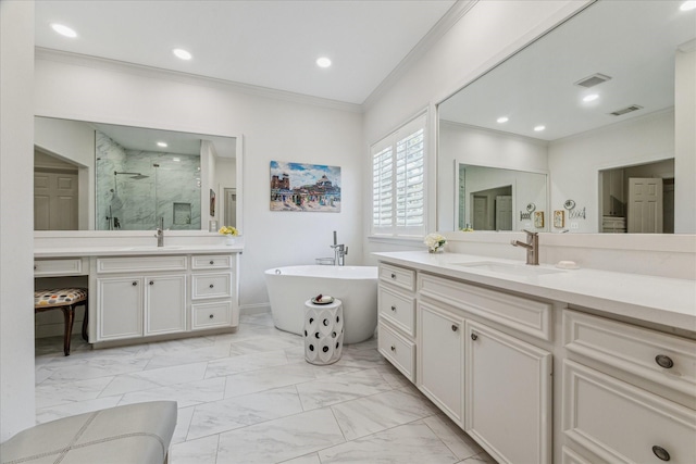 1216 Potomac Dr, Houston, TX 77057 - full bath featuring a marble finish shower, ornamental molding, vanity, marble finish flooring, and a freestanding bath