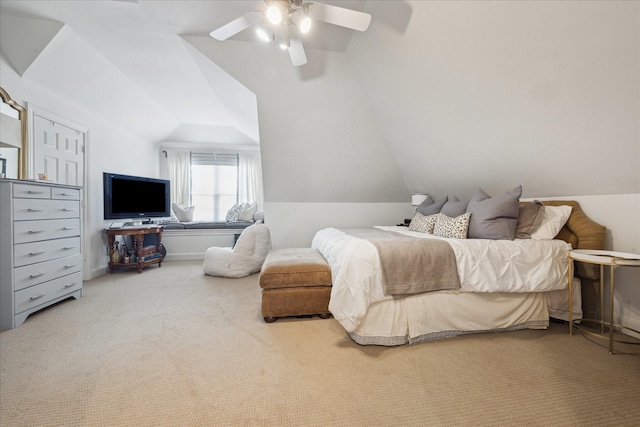1216 Potomac Dr, Houston, TX 77057 - carpeted bedroom with vaulted ceiling and a ceiling fan