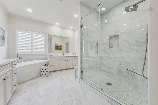 1216 Potomac Dr, Houston, TX 77057 - bathroom with vanity, a marble finish shower, a freestanding bath, ornamental molding, and marble finish flooring
