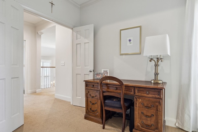1216 Potomac Dr, Houston, TX 77057 - office with light carpet, ornamental molding, and baseboards