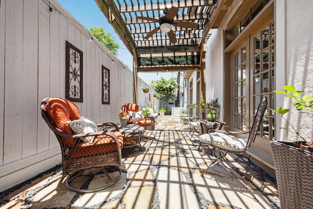 1216 Potomac Dr, Houston, TX 77057 - wooden terrace featuring ceiling fan, a pergola, french doors, and a patio