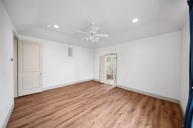 5012 Schuler St, Houston, TX 77007 - empty room with lofted ceiling, light wood-style floors, ceiling fan, recessed lighting, and baseboards