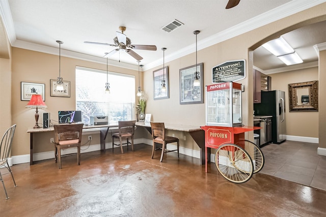 1711 Old Spanish Trl Unit 330, Houston, TX 77054 - office area with a ceiling fan, baseboards, concrete floors, ornamental molding, and arched walkways