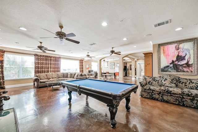 1711 Old Spanish Trl Unit 330, Houston, TX 77054 - playroom with arched walkways, concrete floors, recessed lighting, a textured ceiling, and a ceiling fan