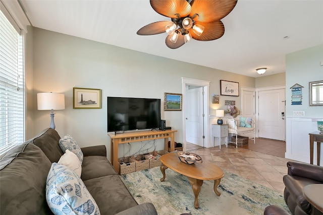27020 Estuary Dr Unit 302, Galveston, TX 77554 - living area with a ceiling fan, tile patterned flooring, and plenty of natural light