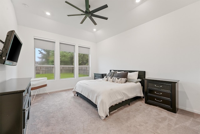 5160 Andorra Bend Ln, Porter, TX 77365 - bedroom with light carpet, baseboards, recessed lighting, a ceiling fan, and vaulted ceiling