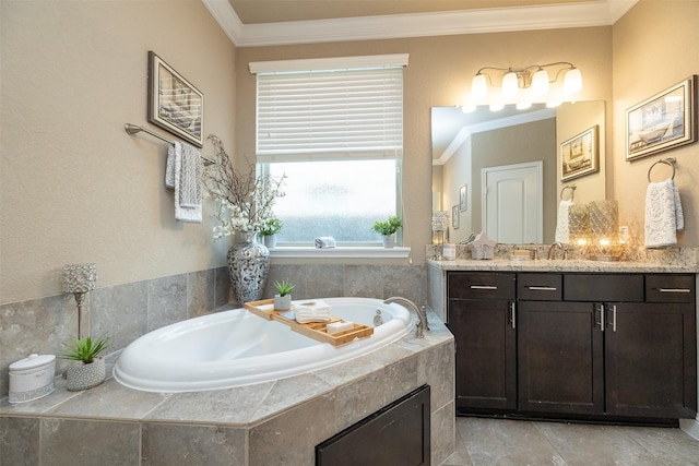 27619 Dalton Bluff Ct, Katy, TX 77494 - bathroom featuring vanity, crown molding, and a garden tub