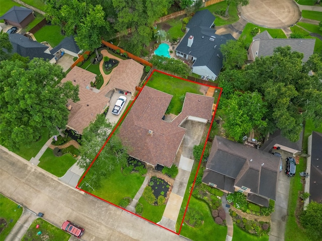 2718 Silver Falls Dr, Kingwood, TX 77339 - aerial perspective of suburban area with property boundaries highlighted and a pool area