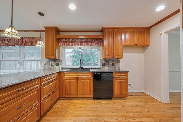 2718 Silver Falls Dr, Kingwood, TX 77339 - kitchen featuring black dishwasher, brown cabinets, dark stone countertops, decorative backsplash, and crown molding