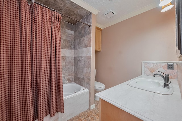 2718 Silver Falls Dr, Kingwood, TX 77339 - bathroom featuring crown molding, shower / bath combo, vanity, and a textured ceiling