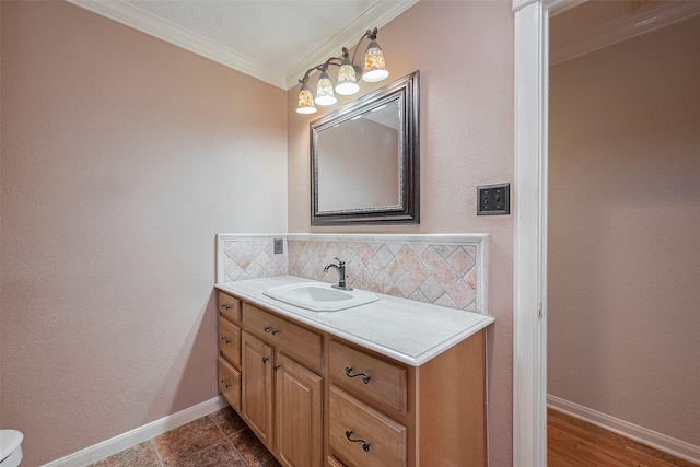 2718 Silver Falls Dr, Kingwood, TX 77339 - bathroom with tasteful backsplash, vanity, and ornamental molding