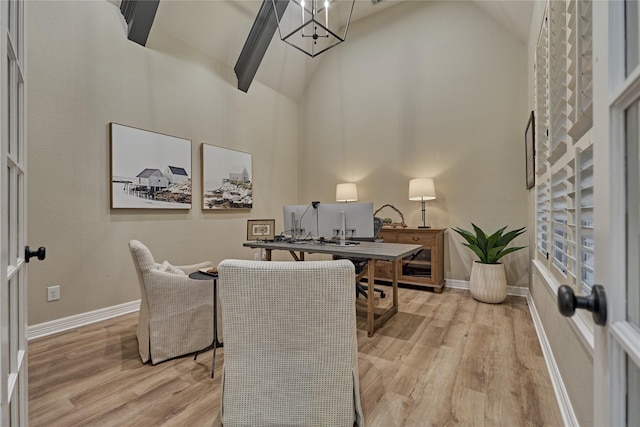 130 Playmoor Pl, Montgomery, TX 77316 - office area with vaulted ceiling, light wood-type flooring, baseboards, and a chandelier