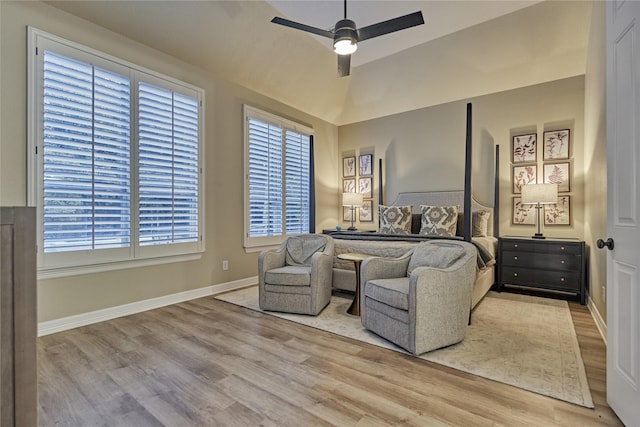 130 Playmoor Pl, Montgomery, TX 77316 - bedroom featuring wood finished floors, lofted ceiling, baseboards, and ceiling fan