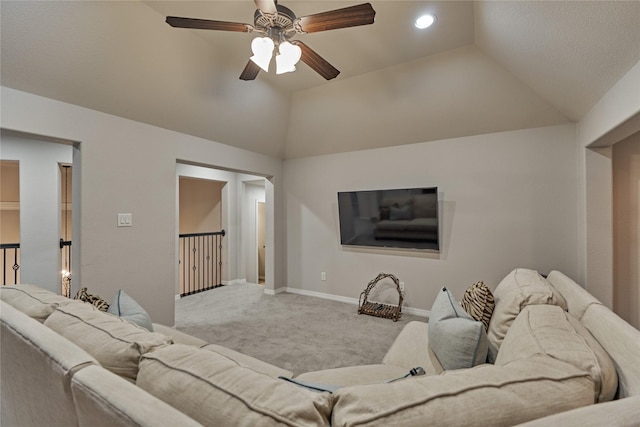 130 Playmoor Pl, Montgomery, TX 77316 - living area featuring lofted ceiling, carpet, ceiling fan, baseboards, and recessed lighting