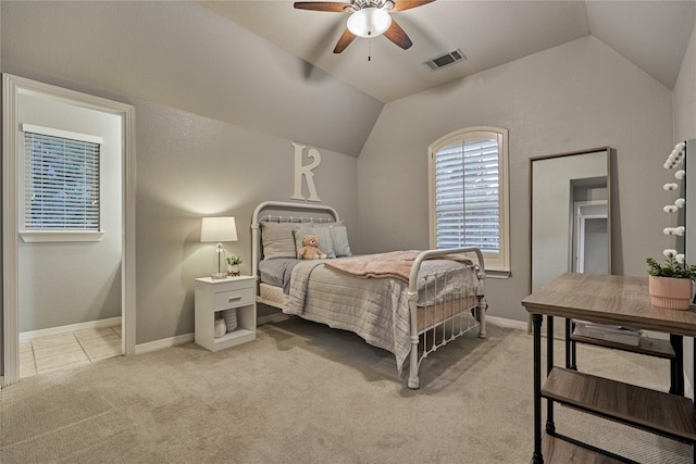 130 Playmoor Pl, Montgomery, TX 77316 - carpeted bedroom featuring lofted ceiling, a ceiling fan, and baseboards
