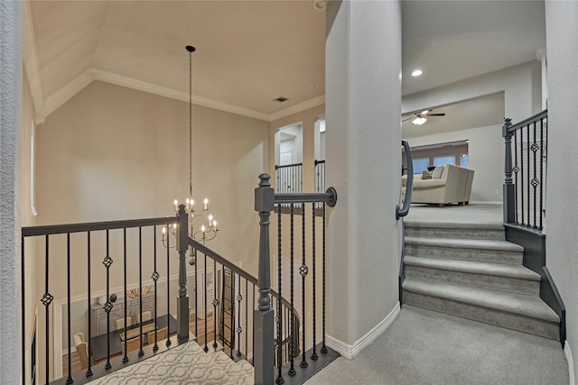 130 Playmoor Pl, Montgomery, TX 77316 - stairway featuring a chandelier, carpet floors, baseboards, ceiling fan, and crown molding