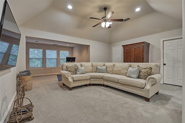 130 Playmoor Pl, Montgomery, TX 77316 - living room featuring light carpet, lofted ceiling, a ceiling fan, recessed lighting, and baseboards