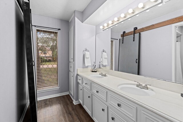 819 Maranon Ln, Houston, TX 77090 - bathroom featuring double vanity, wood finished floors, and baseboards