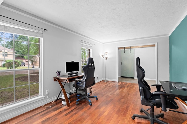 819 Maranon Ln, Houston, TX 77090 - office area with a textured ceiling, wood finished floors, crown molding, and baseboards