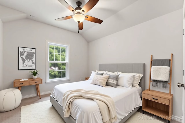 340 Honey Mesquite Path, Conroe, TX 77318 - bedroom with vaulted ceiling, light colored carpet, baseboards, and a ceiling fan