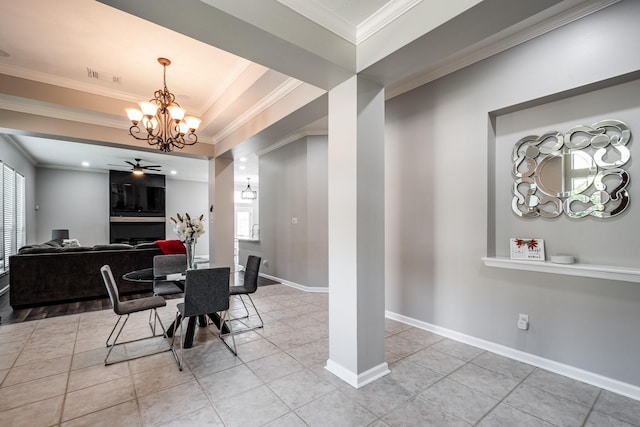 51 Eagle Mead Pl, The Woodlands, TX 77382 - dining space with crown molding, a chandelier, light tile patterned floors, ceiling fan, and baseboards