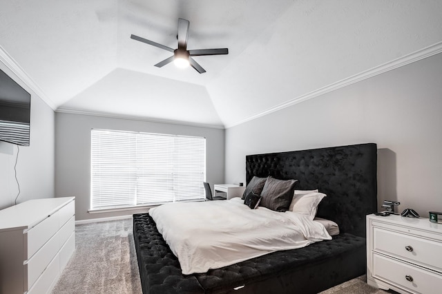 51 Eagle Mead Pl, The Woodlands, TX 77382 - bedroom with light colored carpet, vaulted ceiling, ornamental molding, and a ceiling fan