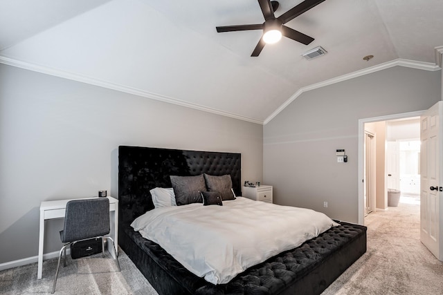 51 Eagle Mead Pl, The Woodlands, TX 77382 - bedroom featuring carpet, vaulted ceiling, ornamental molding, baseboards, and a ceiling fan