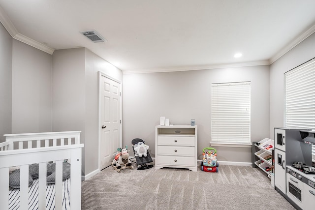 51 Eagle Mead Pl, The Woodlands, TX 77382 - bedroom with carpet floors, ornamental molding, baseboards, a crib, and recessed lighting