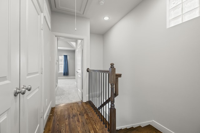 1407 Patterson St, Houston, TX 77007 - corridor featuring attic access, an upstairs landing, baseboards, wood finished floors, and recessed lighting