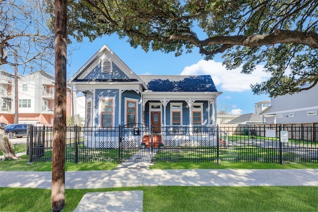 1318 Bingham St, Houston, TX 77007 - victorian home with covered porch, a fenced front yard, and roof with shingles
