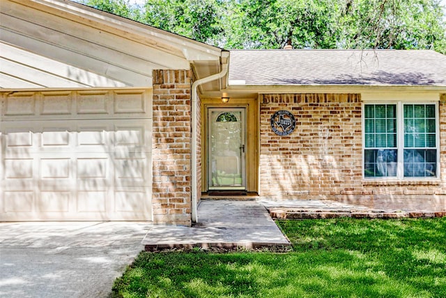 11423 Meadoway Dr, Houston, TX 77089 - entrance to property with a garage, brick siding, concrete driveway, roof with shingles, and a yard