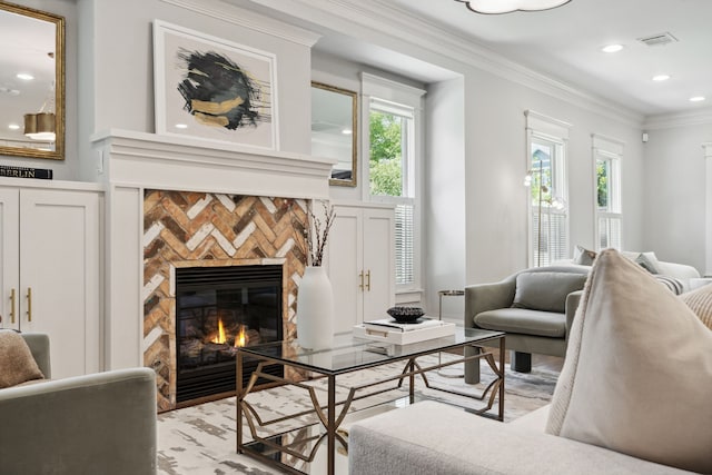 1409 Tulane St, Houston, TX 77008 - living area featuring a stone fireplace, recessed lighting, crown molding, and light wood finished floors