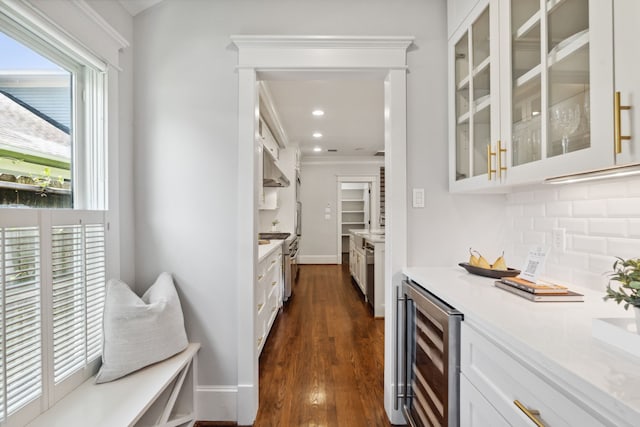 1409 Tulane St, Houston, TX 77008 - indoor bar featuring wine cooler, high end stainless steel range oven, backsplash, dark wood-style floors, and recessed lighting