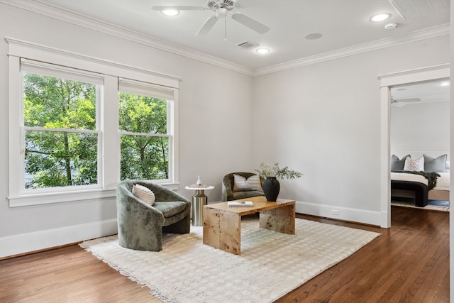 1409 Tulane St, Houston, TX 77008 - sitting room featuring baseboards, healthy amount of natural light, wood finished floors, crown molding, and ceiling fan
